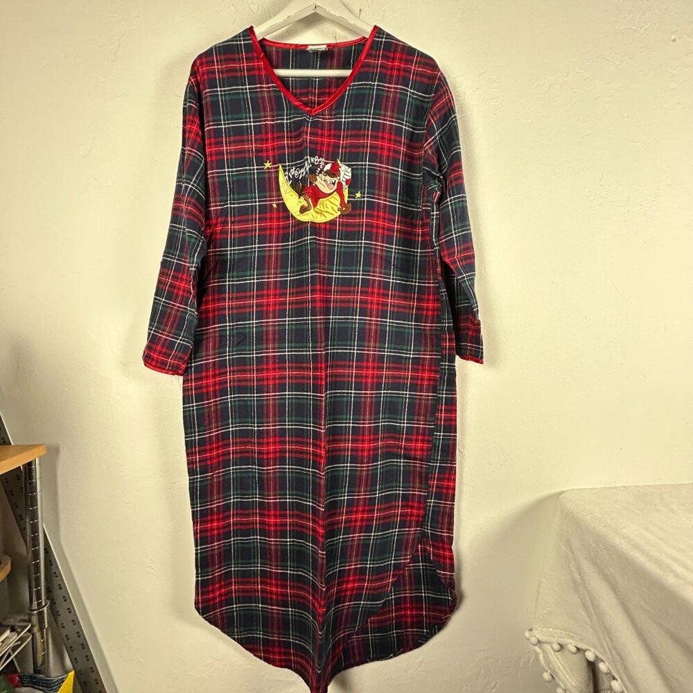 Vintage 90s Warner Bros. Studio Store Tasmanian Devil Taz Plaid Nightgown Medium